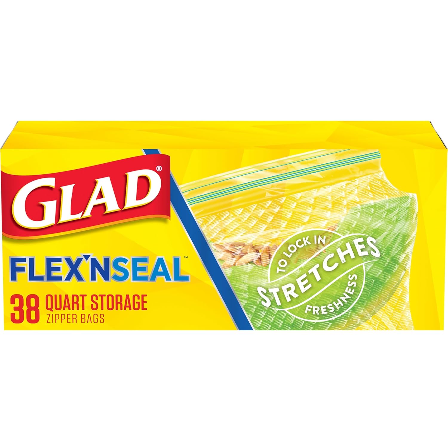 Glad Flex'N Seal Food Storage Plastic Bags, Quart, 38 Count (Package May Vary)