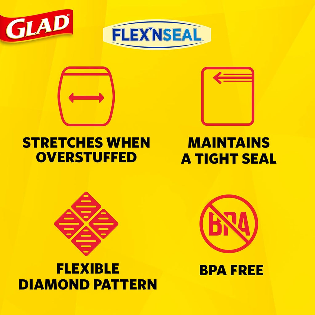 Glad Flex'N Seal Food Storage Plastic Bags, Quart, 38 Count (Package May Vary)