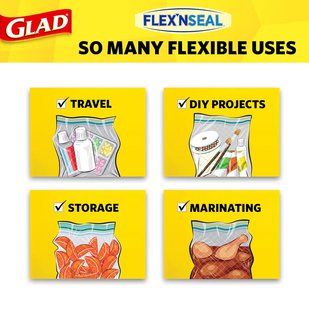 Glad Flex'N Seal Food Storage Plastic Bags, Quart, 38 Count (Package May Vary)
