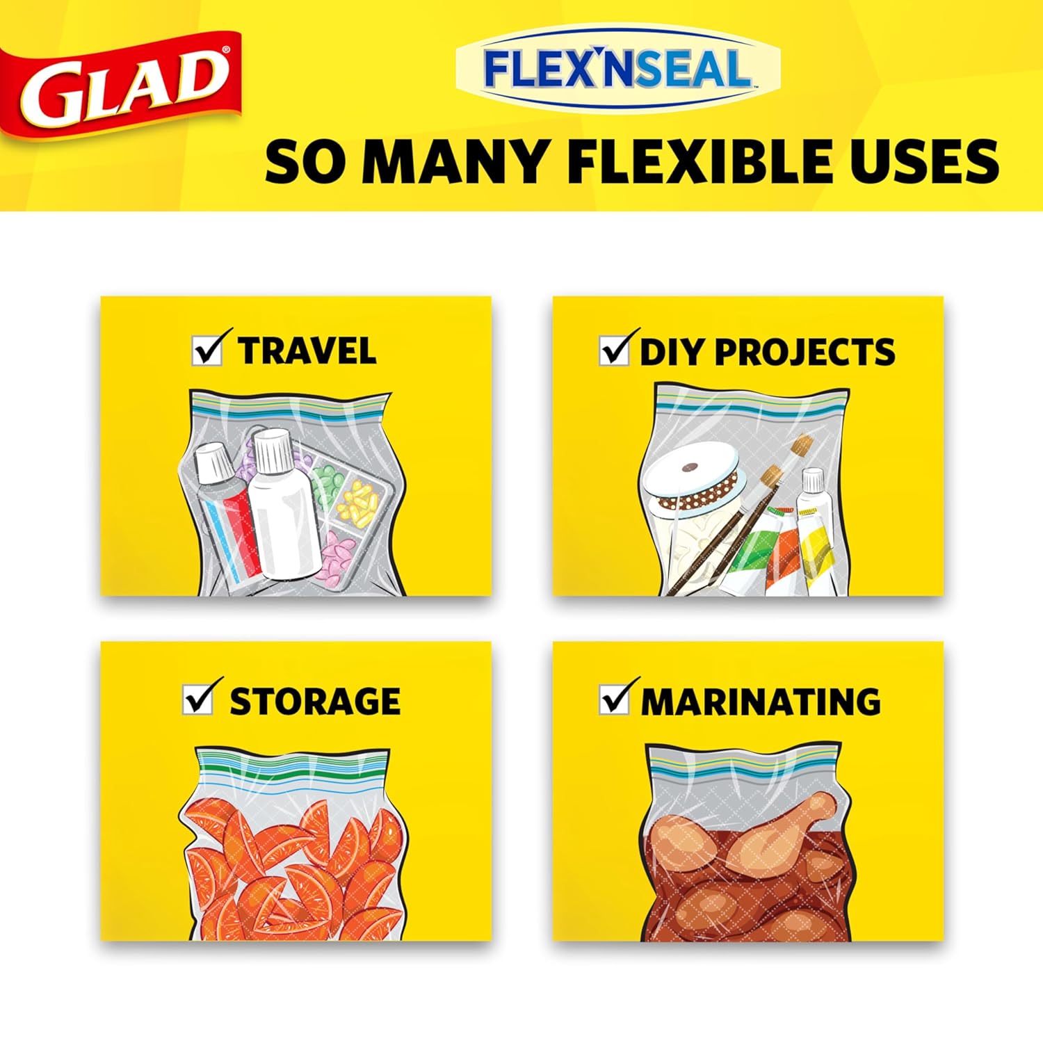 Glad Flex'N Seal Food Storage Plastic Bags, Quart, 38 Count (Package May Vary)