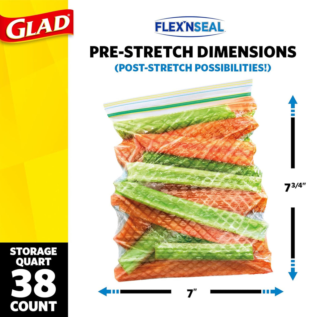 Glad Flex'N Seal Food Storage Plastic Bags, Quart, 38 Count (Package May Vary)