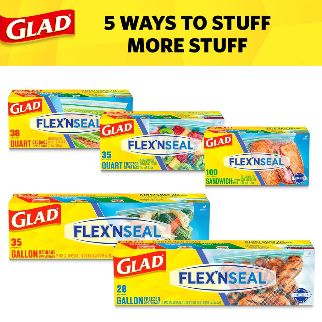 Glad Flex'N Seal Food Storage Plastic Bags, Quart, 38 Count (Package May Vary)