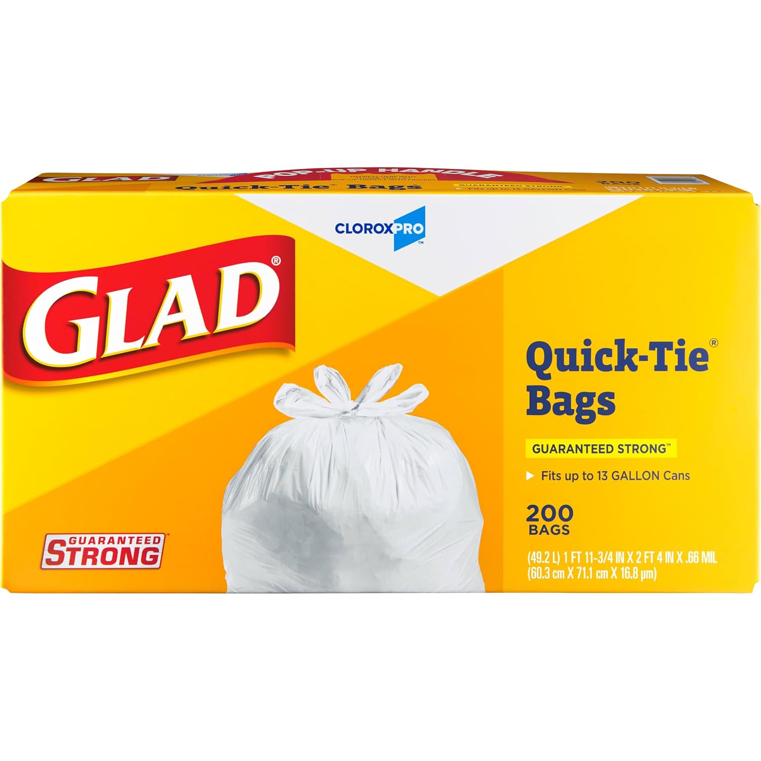 Glad CloroxPro Quick-Tie Tall Kitchen Trash Bags, 13 Gallon, 200 Count, Package May Vary