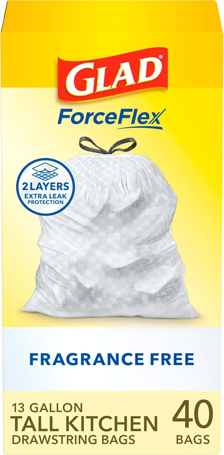 Glad ForceFlex Tall Kitchen Drawstring Trash Bags, 13 Gal, Fragrance Free, 110 Ct (Package May Vary)