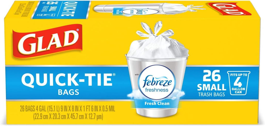 Glad Trash Bags, Medium Quick-Tie Garbage Bags - OdorShield 8 Gallon White Trash Bag, Gain Original with Febreze Freshness, 26 Count (Pack of 6)