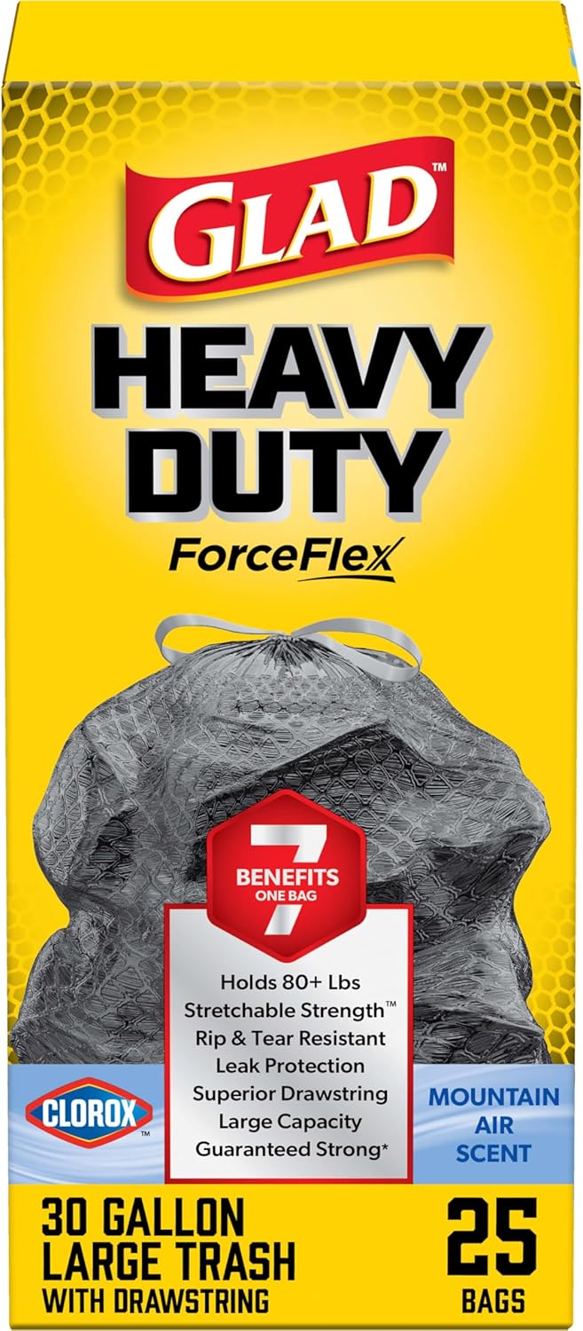 Glad ForceFlex Heavy Duty Trash Bags With Clorox, Mountain Air, 30 Gal, 50 Ct