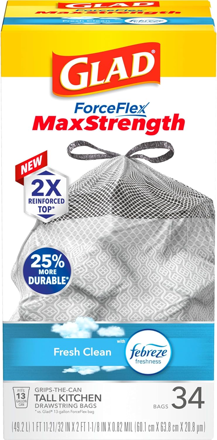 Glad ForceFlex MaxStrength Kitchen Trash Bags, 13 Gal, Fresh Clean Febreze, 34 Ct