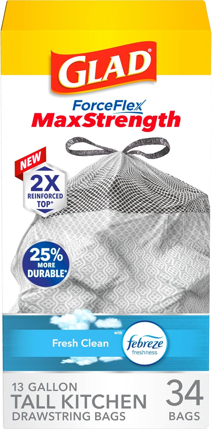 Glad ForceFlex MaxStrength Kitchen Trash Bags, 13 Gal, Fresh Clean Febreze, 34 Ct