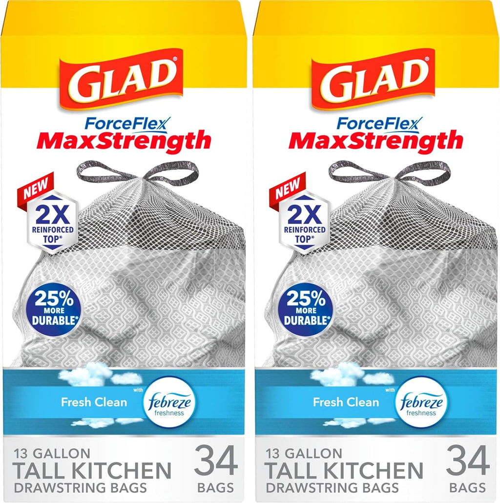 Glad ForceFlex MaxStrength Kitchen Trash Bags, 13 Gal, Fresh Clean Febreze, 34 Ct