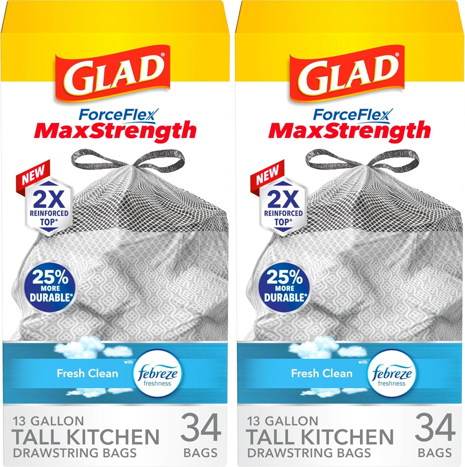 Glad ForceFlex MaxStrength Kitchen Trash Bags, 13 Gal, Fresh Clean Febreze, 34 Ct