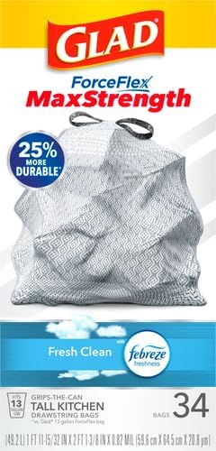 Glad ForceFlex MaxStrength Kitchen Trash Bags, 13 Gal, Fresh Clean Febreze, 34 Ct