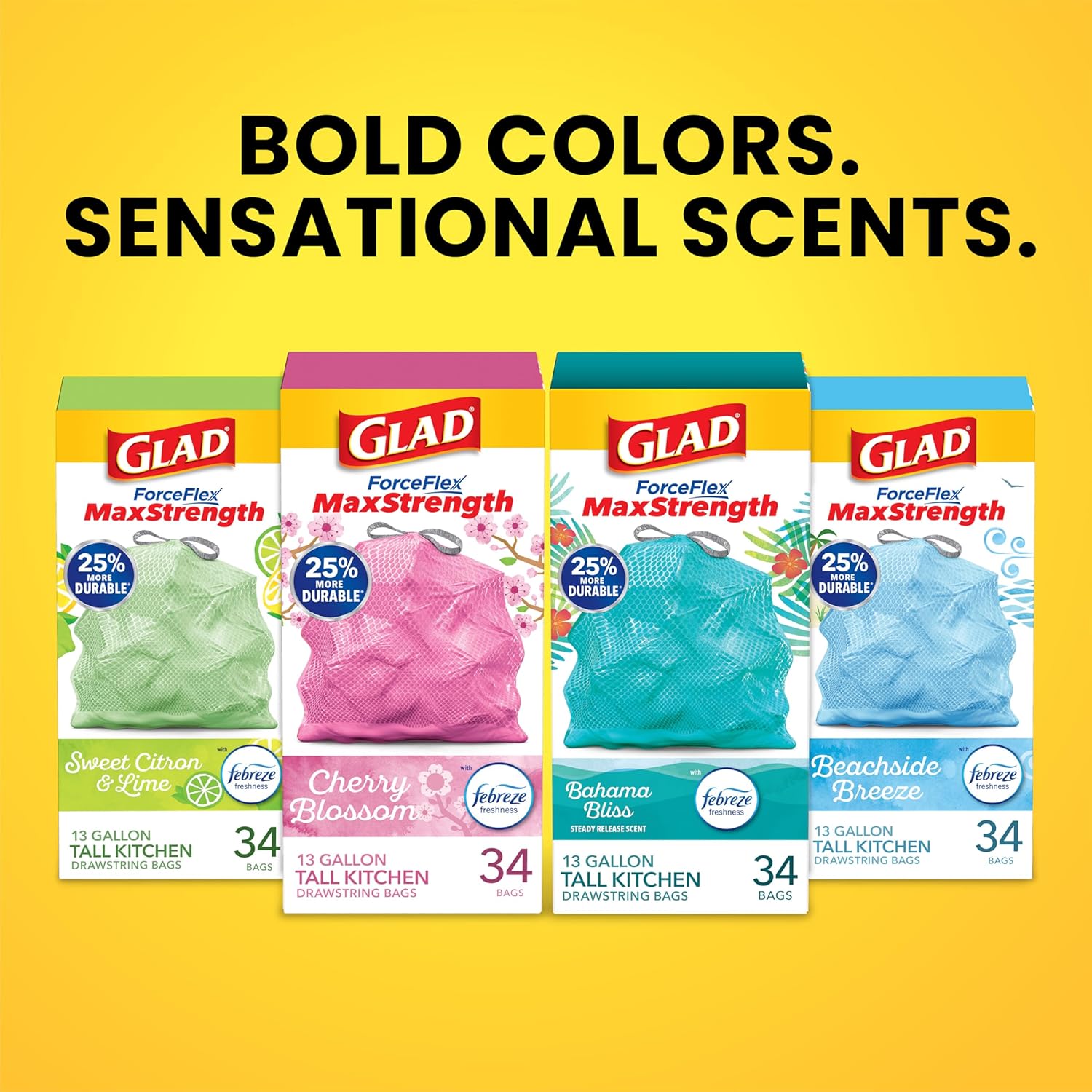 Glad ForceFlex MaxStrength Kitchen Trash Bags, 13 Gal, Bahama Bliss Febreze, 90 Ct