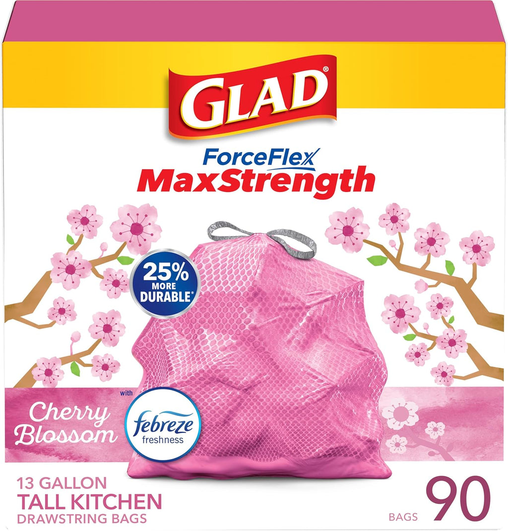 Glad ForceFlex MaxStrength Kitchen Trash Bags, 13 Gal, Bahama Bliss Febreze, 90 Ct