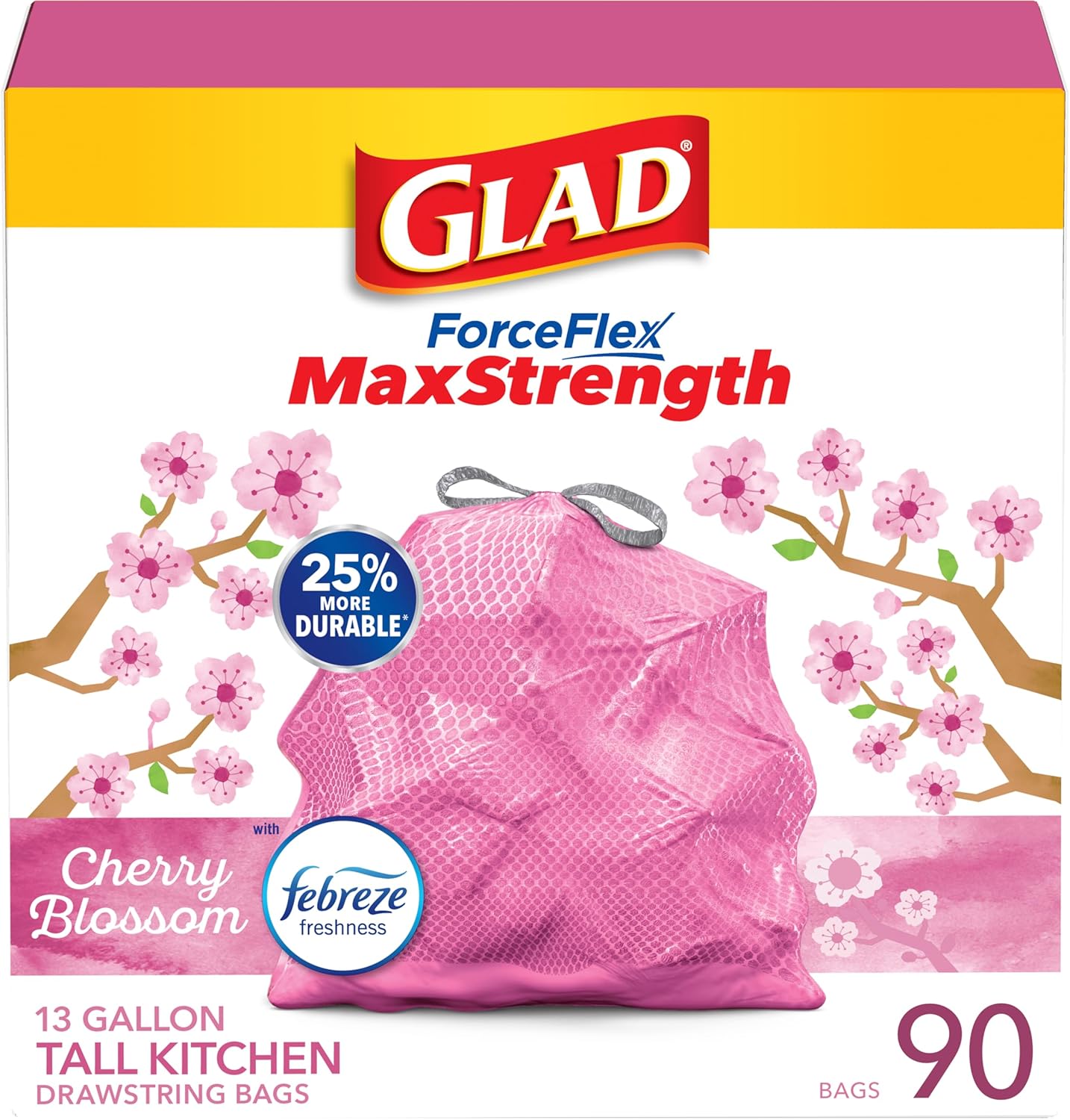 Glad ForceFlex MaxStrength Kitchen Trash Bags, 13 Gal, Bahama Bliss Febreze, 90 Ct