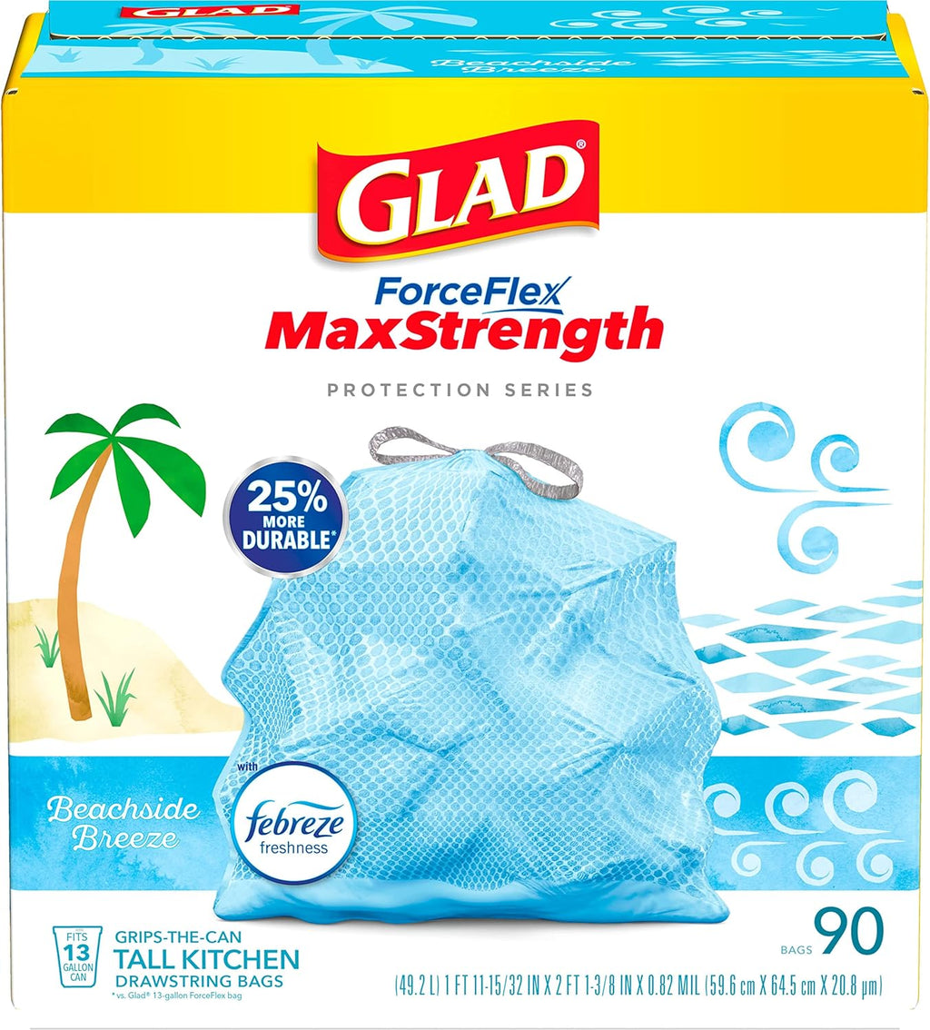 Glad ForceFlex MaxStrength Kitchen Trash Bags, 13 Gal, Bahama Bliss Febreze, 90 Ct