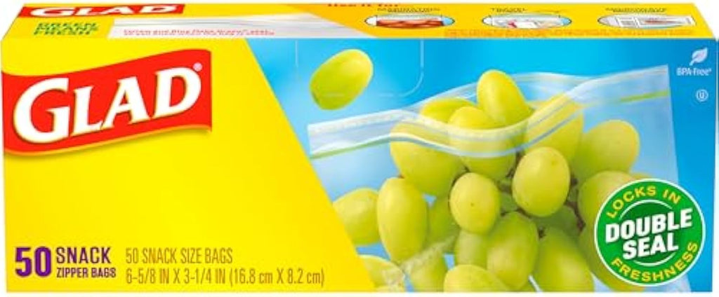 Glad Zipper Food Storage Plastic Bags, Snack, 50 Count (Packaging May Vary)