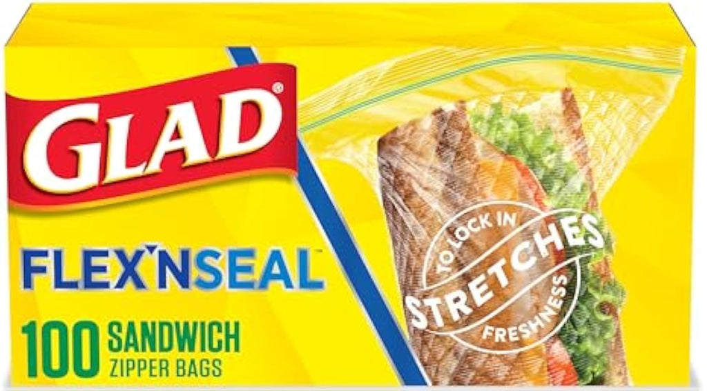 Glad Flex'N Seal Food Storage Plastic Bags, Sandwich, 100 Count, Pack of 4 (Package May Vary)