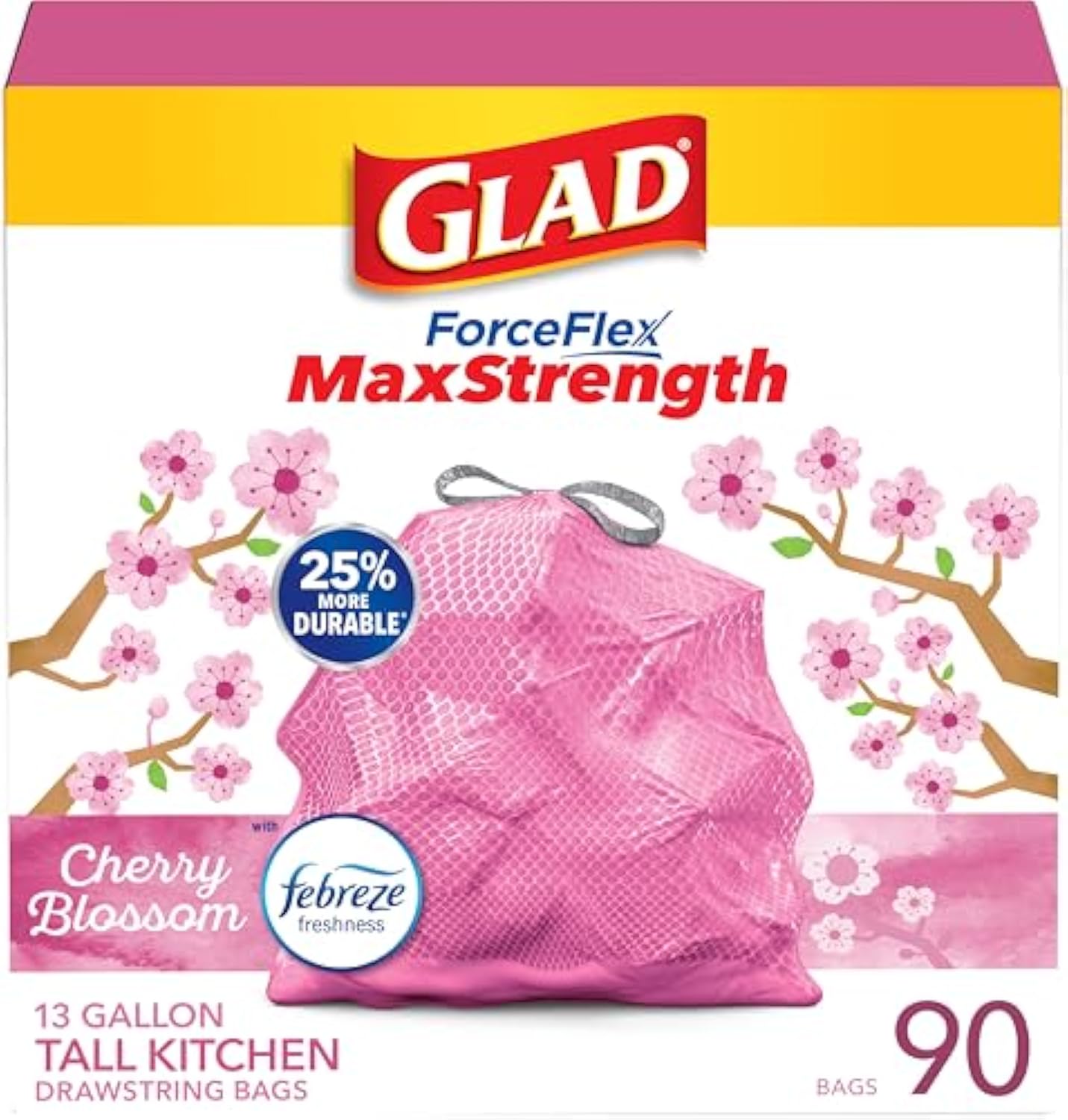 Glad ForceFlex MaxStrength Kitchen Trash Bags, 13 Gal, Bahama Bliss Febreze, 90 Ct