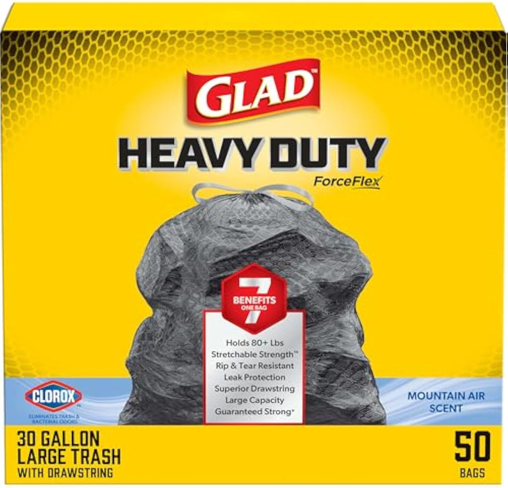 Glad ForceFlex Heavy Duty Trash Bags With Clorox, Mountain Air, 30 Gal, 50 Ct