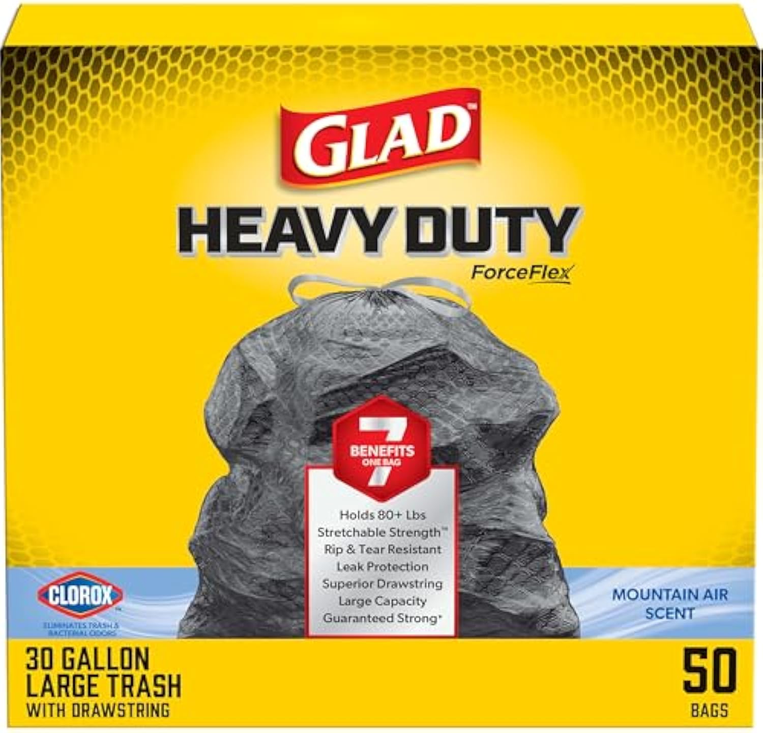Glad ForceFlex Heavy Duty Trash Bags With Clorox, Mountain Air, 30 Gal, 50 Ct