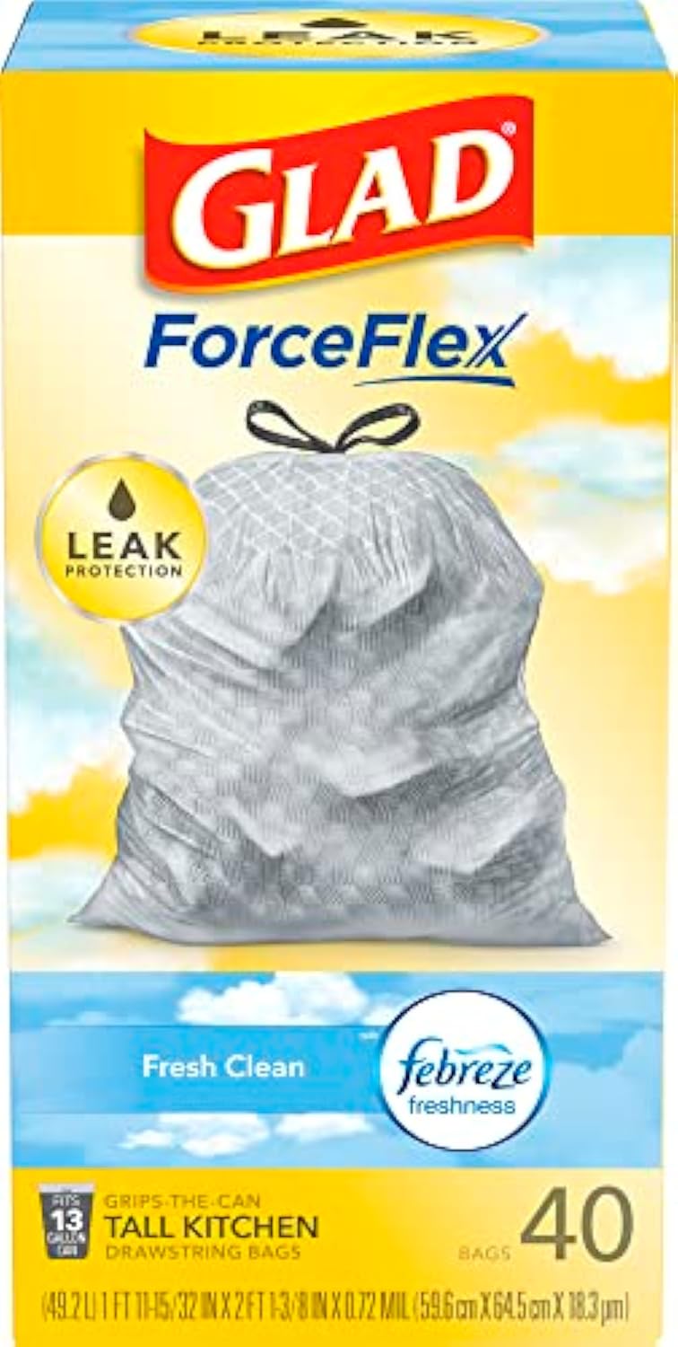 Glad Trash Bags, ForceFlex Tall Kitchen Drawstring Garbage Bags, Fresh Clean, 13 Gal, 40 Ct (Package May Vary)