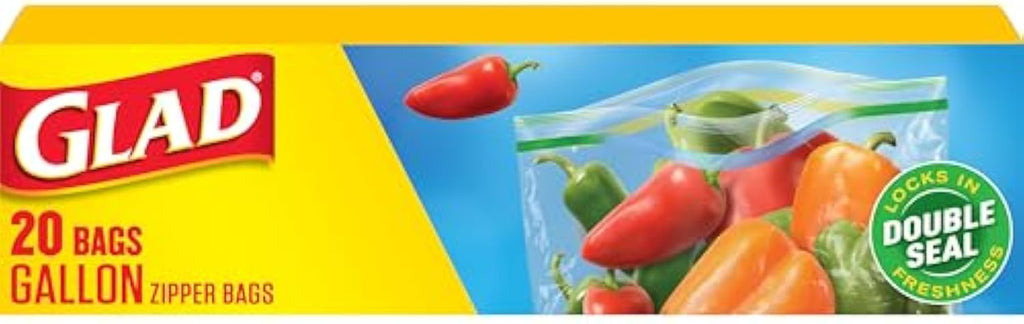 Glad Zipper Food Storage Plastic Bags, Gallon, 20 Count (Packaging May Vary)