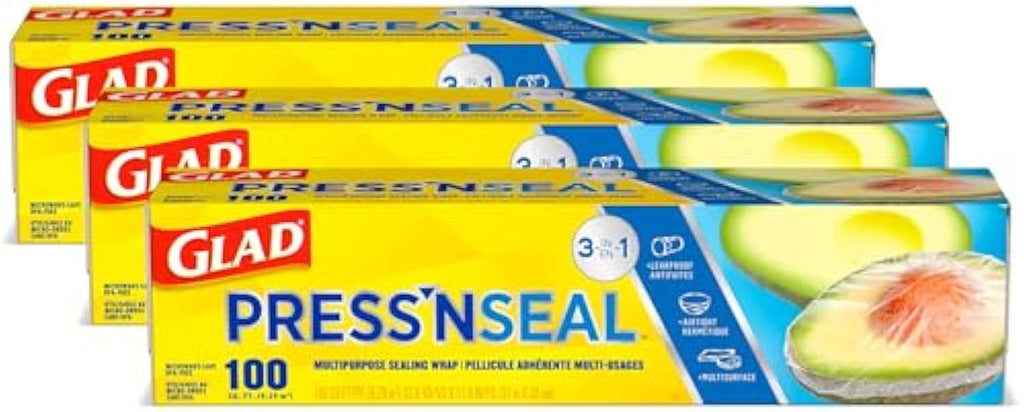 Glad Press'N Seal Plastic Food Wrap, 100 Square Foot Roll, Pack of 3, (Package May Vary)