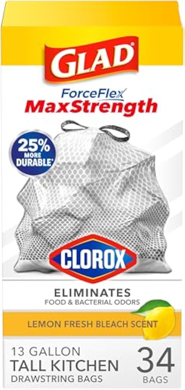 Glad ForceFlex MaxStrength with Clorox Tall Kitchen Trash Bags, 13 Gal, 34 Ct (Package May Vary)