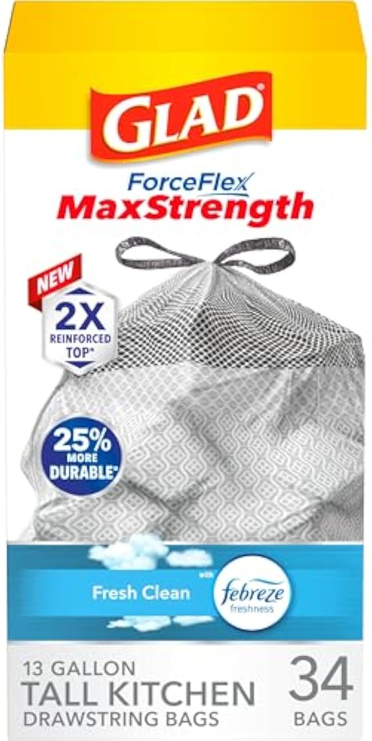 Glad ForceFlex MaxStrength Kitchen Trash Bags, 13 Gal, Fresh Clean Febreze, 34 Ct