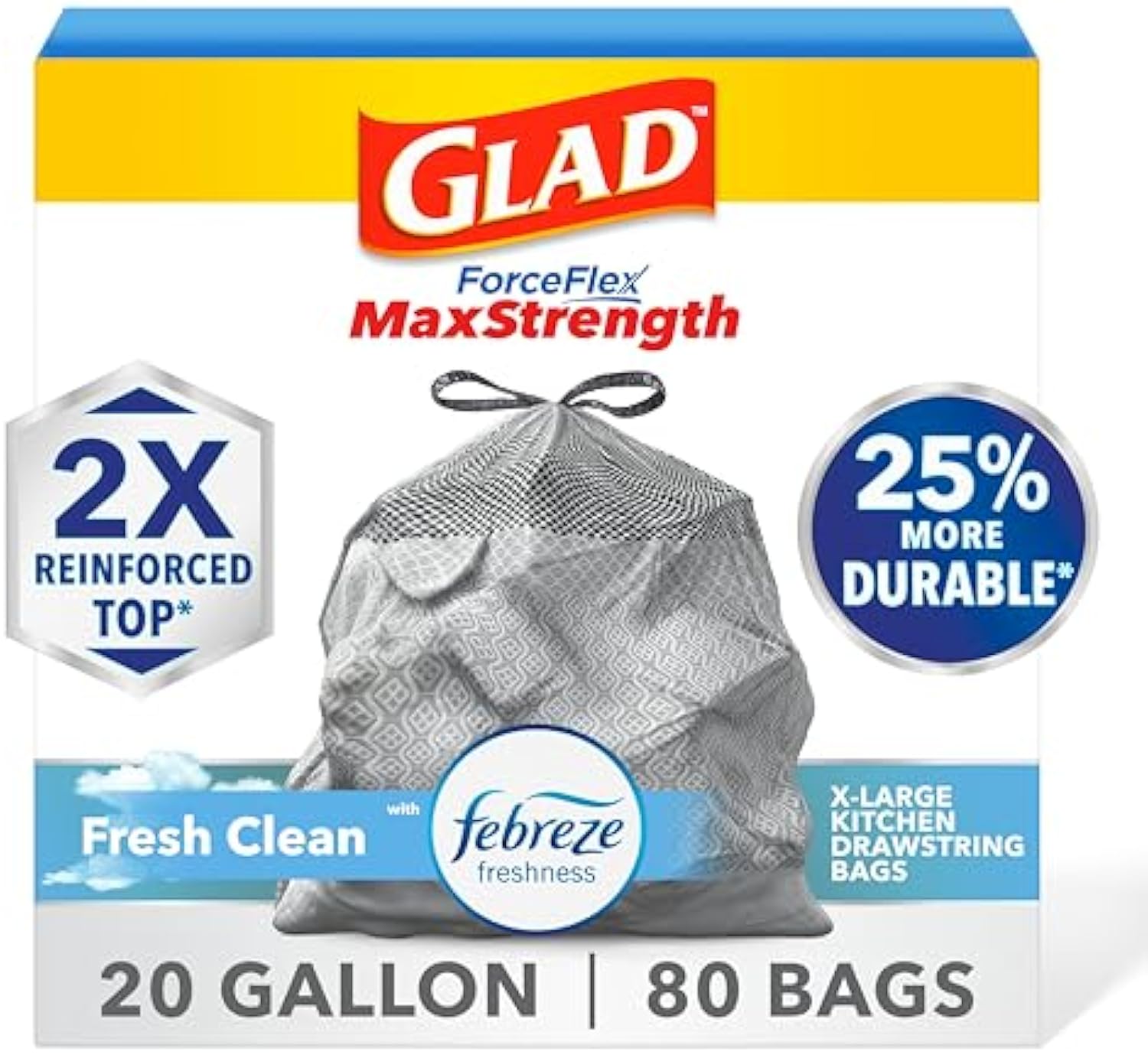 Glad ForceFlex MaxStrength Kitchen Trash Bags, 20 Gal, Fresh Clean Febreze, 80 Ct (Package May Vary)