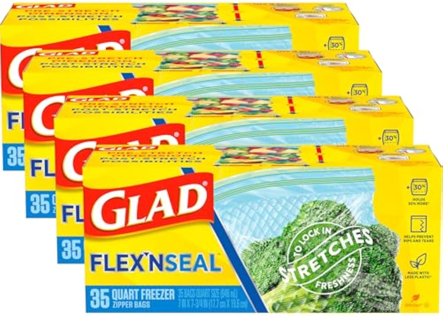 GladFlex'N Seal Freezer Storage Plastic Bags, Quart, 35 Count, Pack of 4 (Package May Vary)