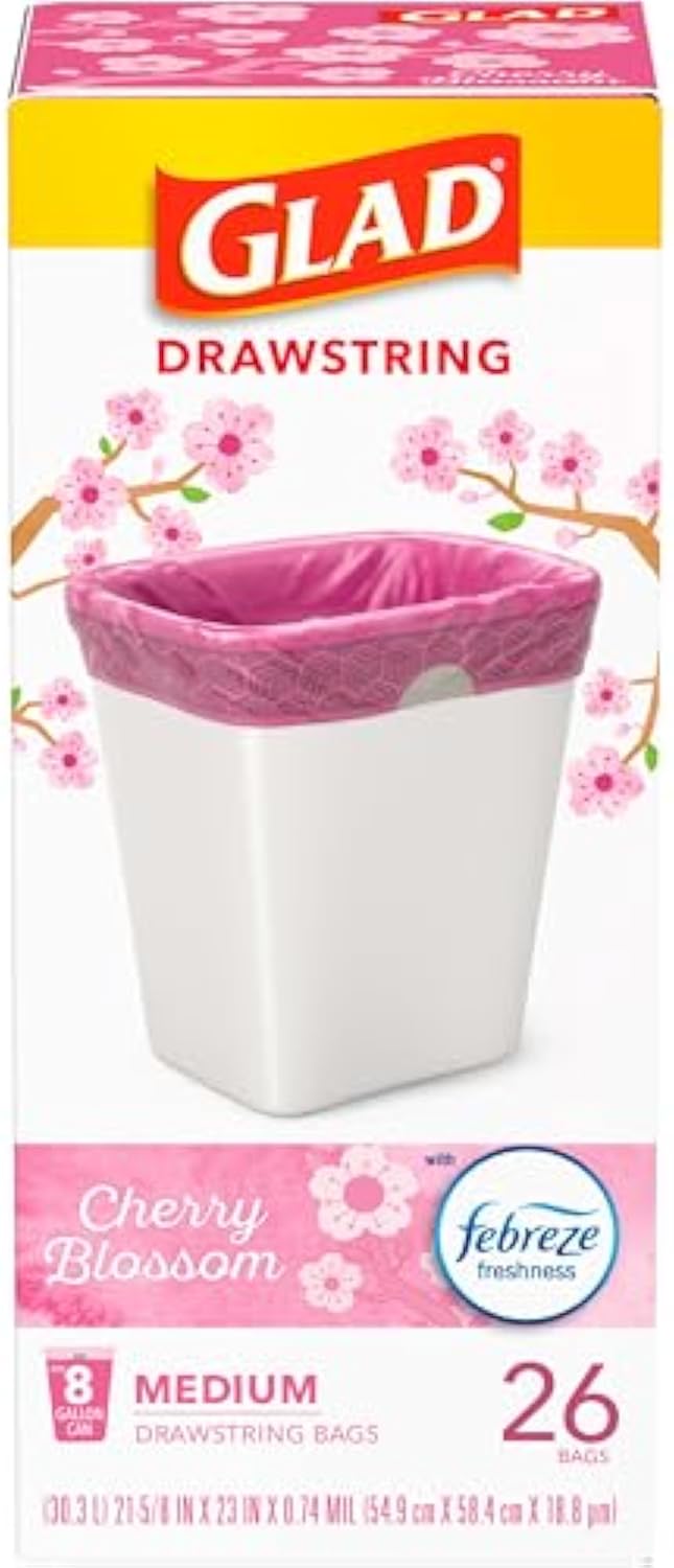 Glad OdorShield Medium Trash Bags, 8 Gal, Febreze Cherry Blossom, 26 Ct (Package May Vary)