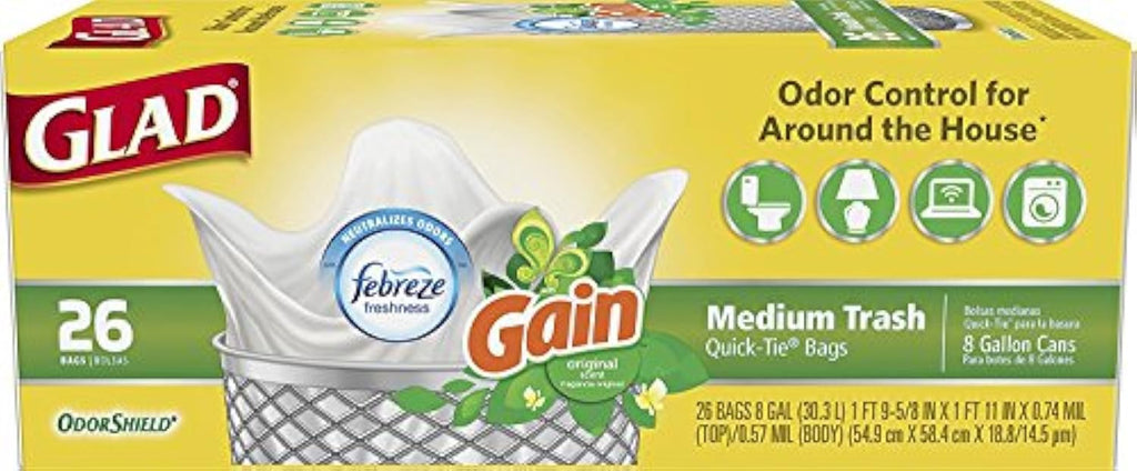 Glad Trash Bags, Medium Quick-Tie Garbage Bags - OdorShield 8 Gallon White Trash Bag, Gain Original with Febreze Freshness, 26 Count (Pack of 6)