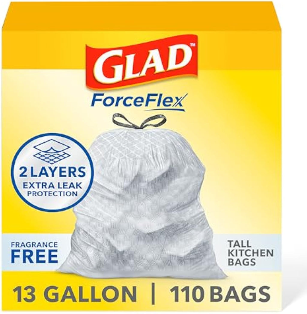 Glad ForceFlex Tall Kitchen Drawstring Trash Bags, 13 Gal, Fragrance Free, 110 Ct (Package May Vary)