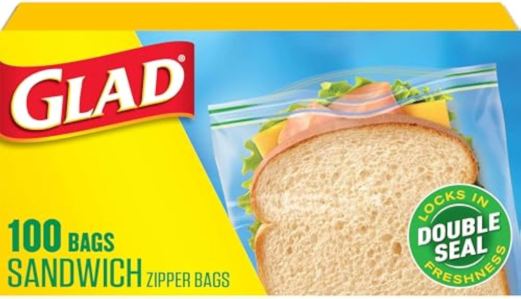 Glad Zipper Food Storage Plastic Bags, Sandwich, 100 Count (Package May Vary)
