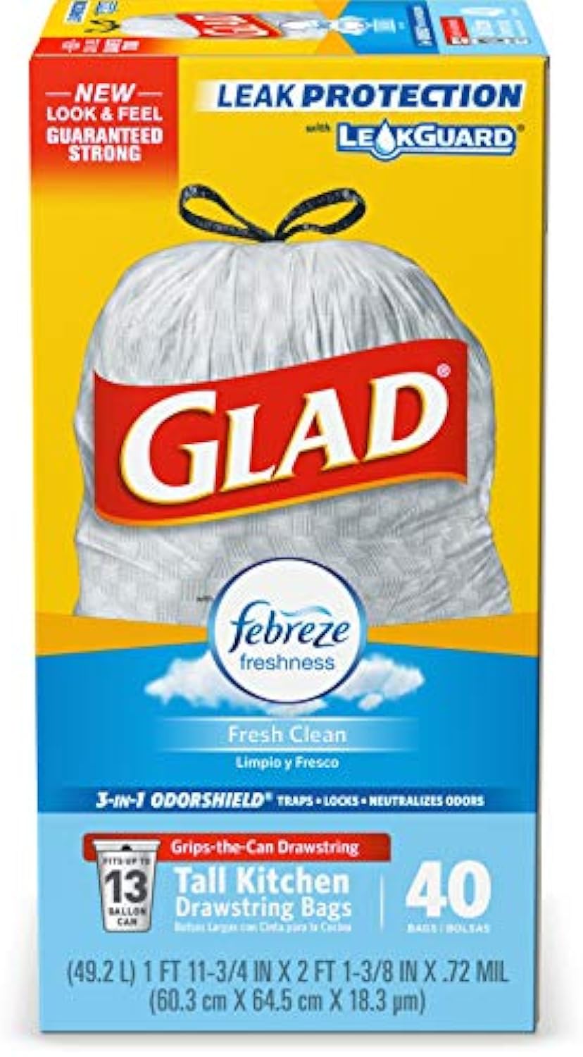 Glad Trash Bags, ForceFlex Tall Kitchen Drawstring Garbage Bags, Fresh Clean, 13 Gal, 40 Ct (Package May Vary)