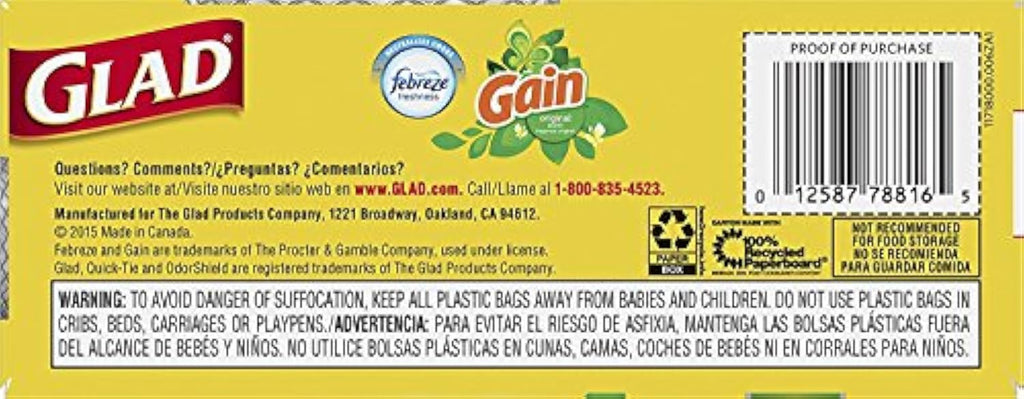 Glad Trash Bags, Medium Quick-Tie Garbage Bags - OdorShield 8 Gallon White Trash Bag, Gain Original with Febreze Freshness, 26 Count (Pack of 6)