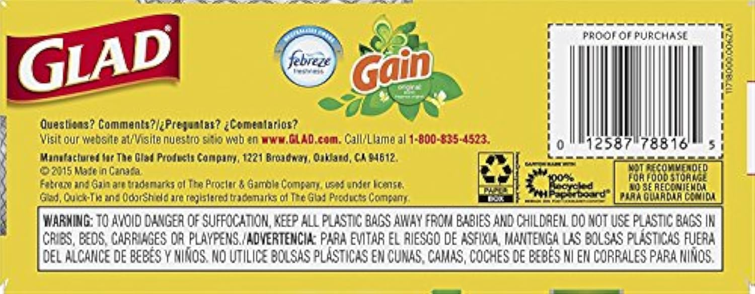 Glad Trash Bags, Medium Quick-Tie Garbage Bags - OdorShield 8 Gallon White Trash Bag, Gain Original with Febreze Freshness, 26 Count (Pack of 6)