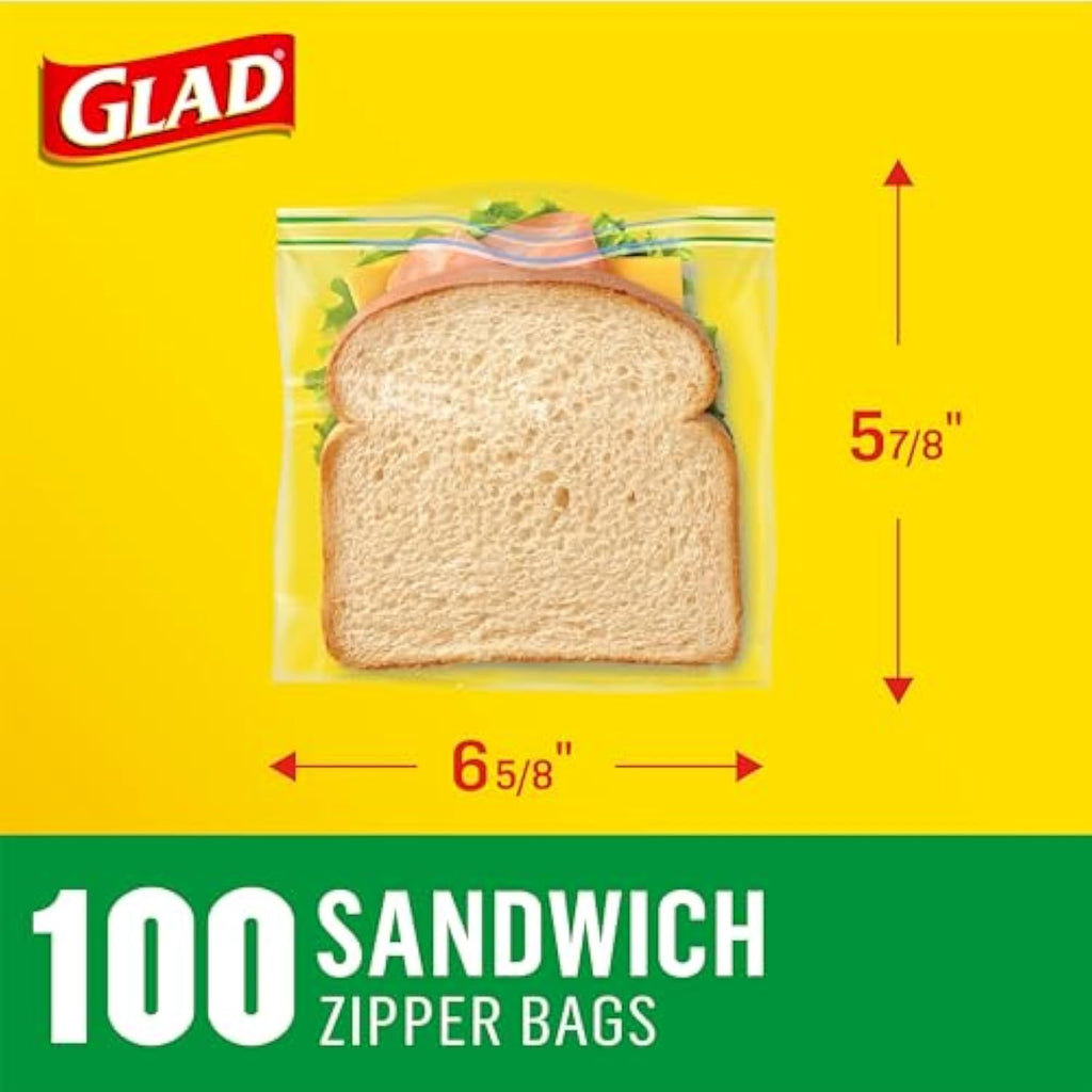 Glad Zipper Food Storage Plastic Bags, Sandwich, 100 Count (Package May Vary)