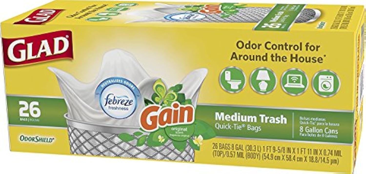 Glad Trash Bags, Medium Quick-Tie Garbage Bags - OdorShield 8 Gallon White Trash Bag, Gain Original with Febreze Freshness, 26 Count (Pack of 6)