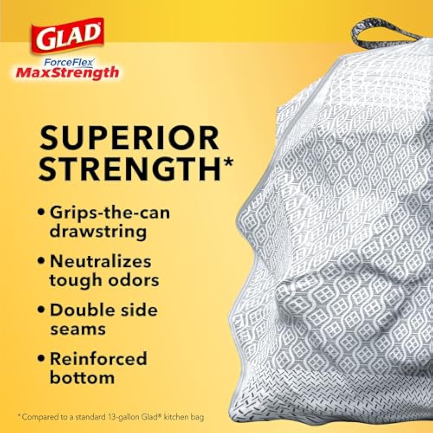 Glad ForceFlex MaxStrength with Clorox Tall Kitchen Trash Bags, 13 Gal, 34 Ct (Package May Vary)