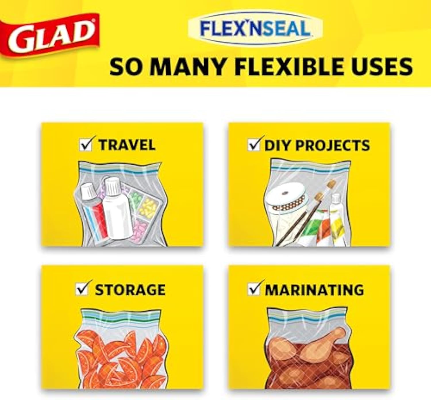 Glad Flex'N Seal Food Storage Plastic Bags, Gallon, 35 Count (Package May Vary)