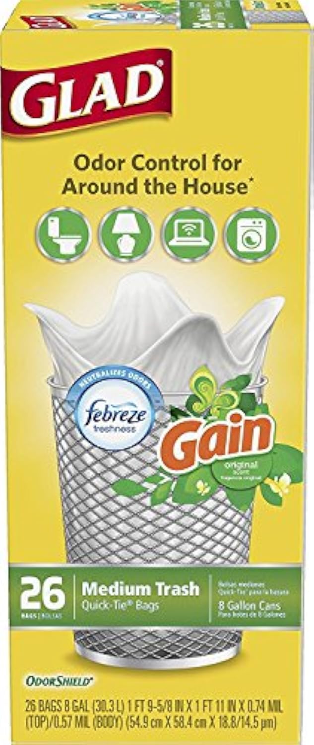Glad Trash Bags, Medium Quick-Tie Garbage Bags - OdorShield 8 Gallon White Trash Bag, Gain Original with Febreze Freshness, 26 Count (Pack of 6)