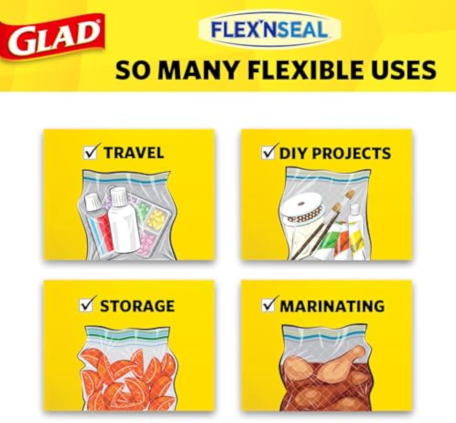Glad Flex'N Seal Food Storage Plastic Bags, Sandwich, 100 Count, Pack of 4 (Package May Vary)