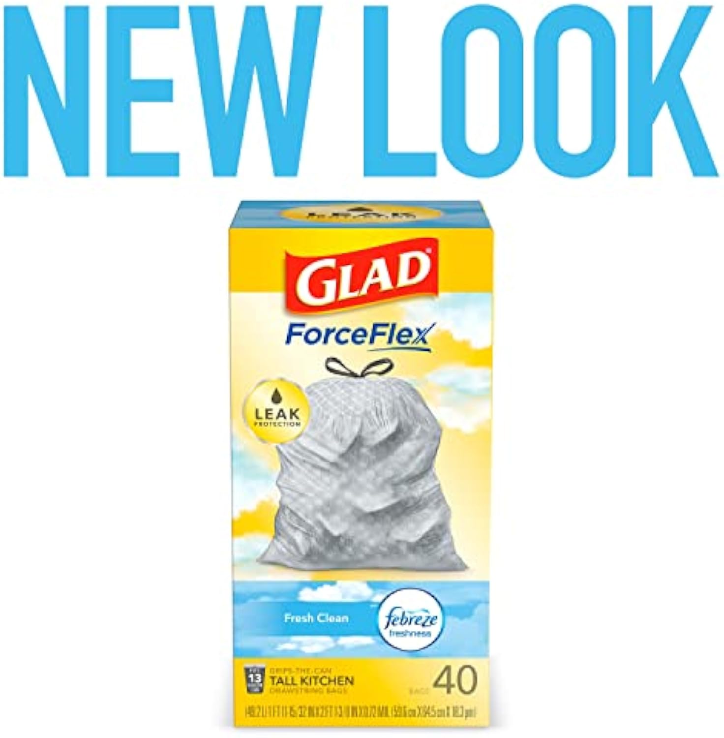 Glad Trash Bags, ForceFlex Tall Kitchen Drawstring Garbage Bags, Fresh Clean, 13 Gal, 40 Ct (Package May Vary)