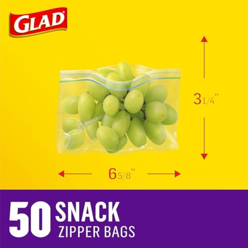 Glad Zipper Food Storage Plastic Bags, Snack, 50 Count (Packaging May Vary)