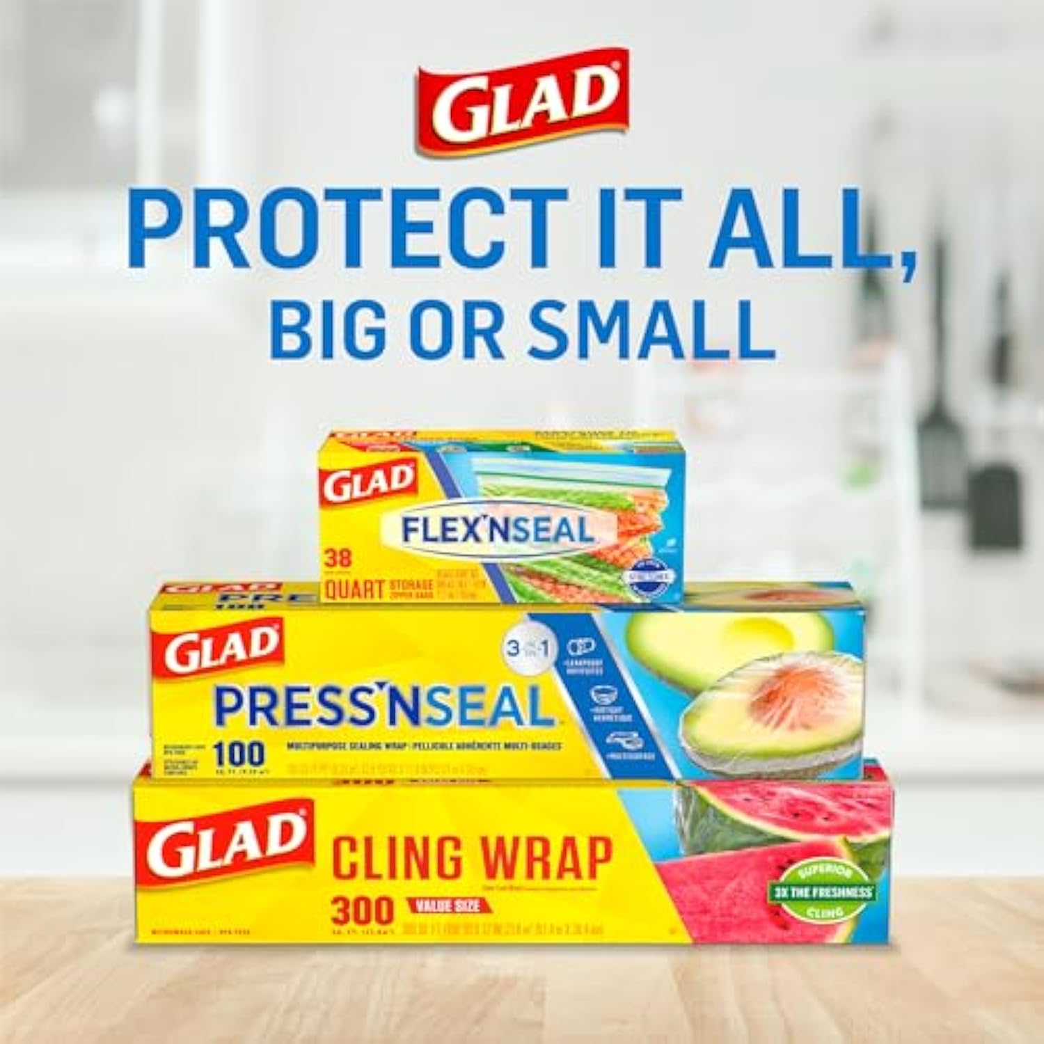 Glad Press'N Seal Plastic Food Wrap, 100 Square Foot Roll, Pack of 3, (Package May Vary)