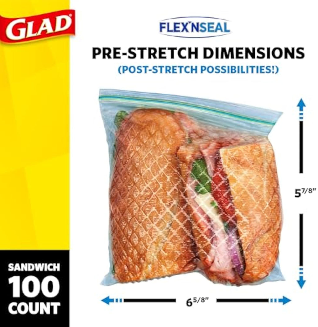 Glad Flex'N Seal Food Storage Plastic Bags, Sandwich, 100 Count, Pack of 4 (Package May Vary)