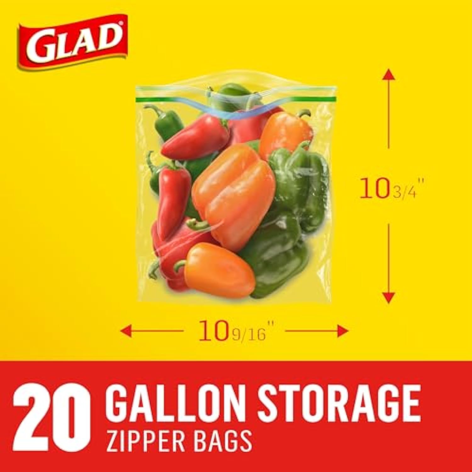 Glad Zipper Food Storage Plastic Bags, Gallon, 20 Count (Packaging May Vary)