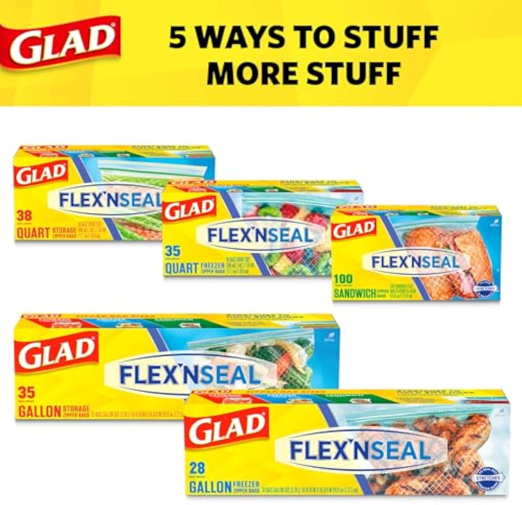 GladFlex'N Seal Freezer Storage Plastic Bags, Quart, 35 Count, Pack of 4 (Package May Vary)